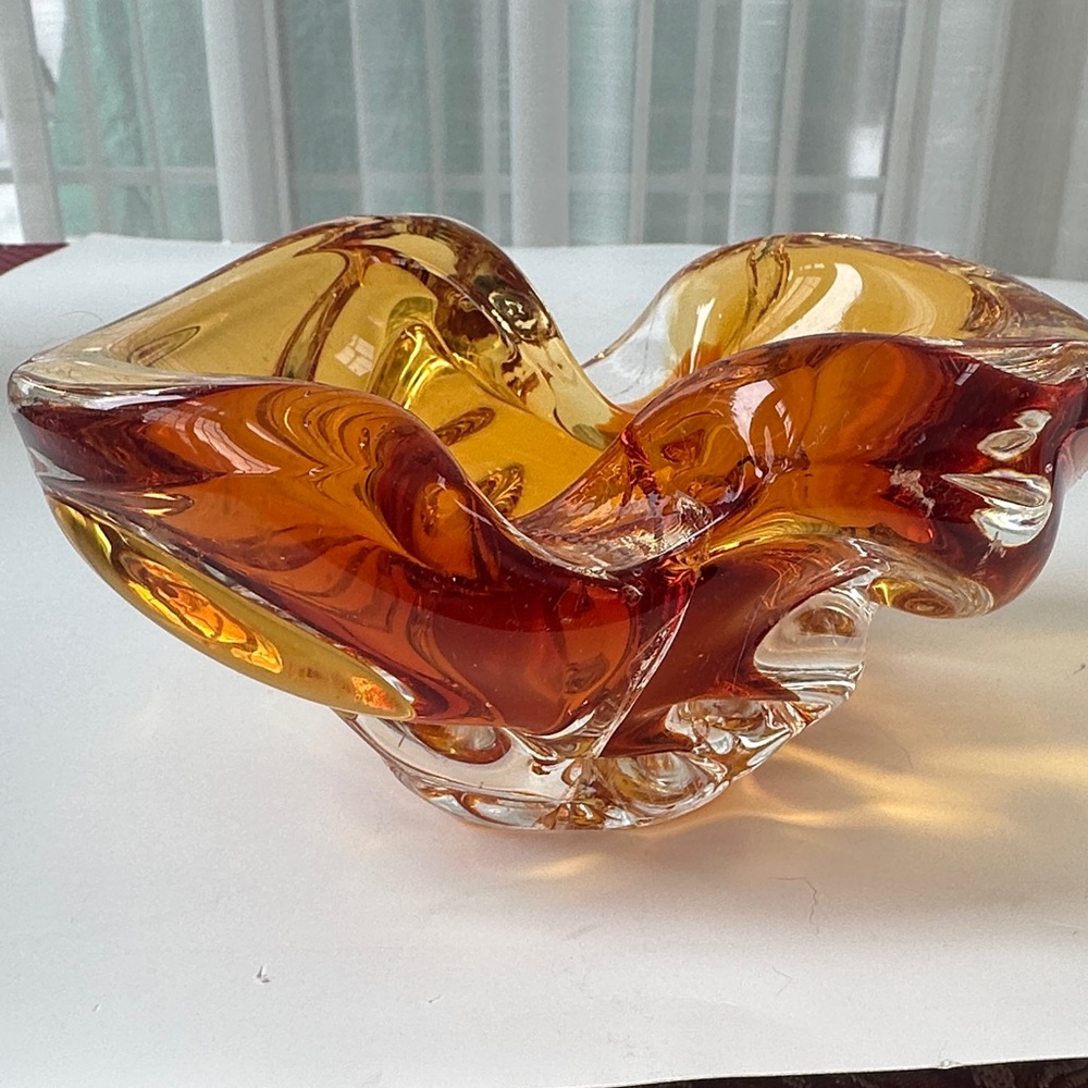 heavy Amber and Red Glass Art Bowl
